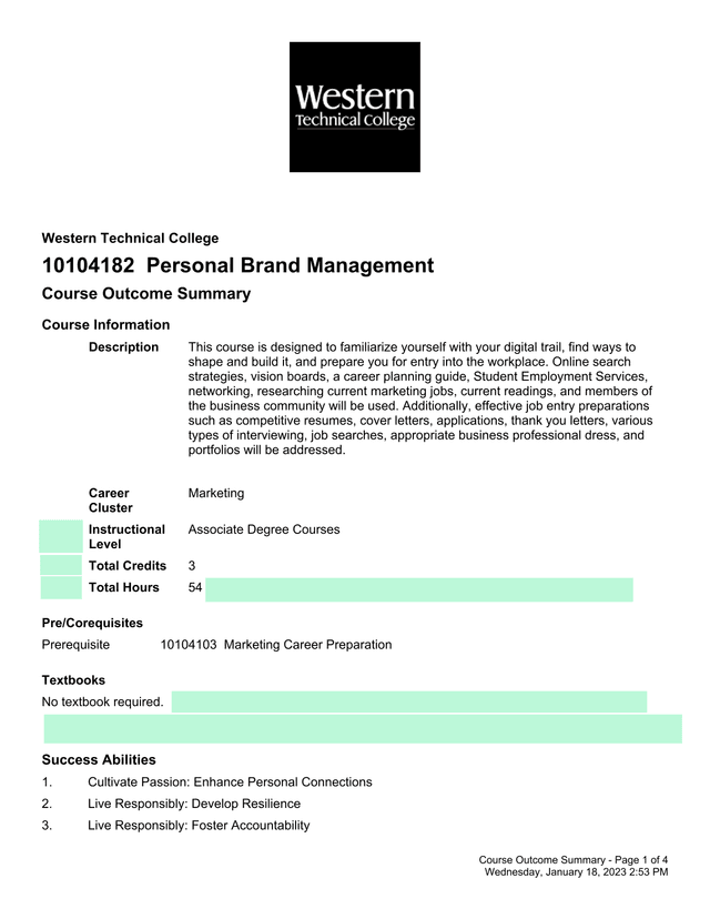Personal Brand Management Course Outcome Summary screenshot