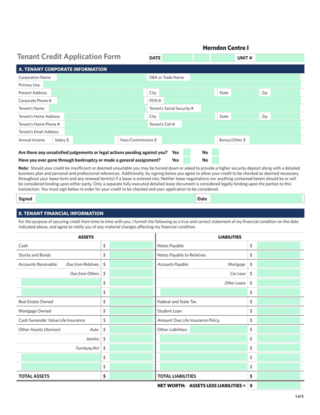 Tenant Credit Application Form screenshot