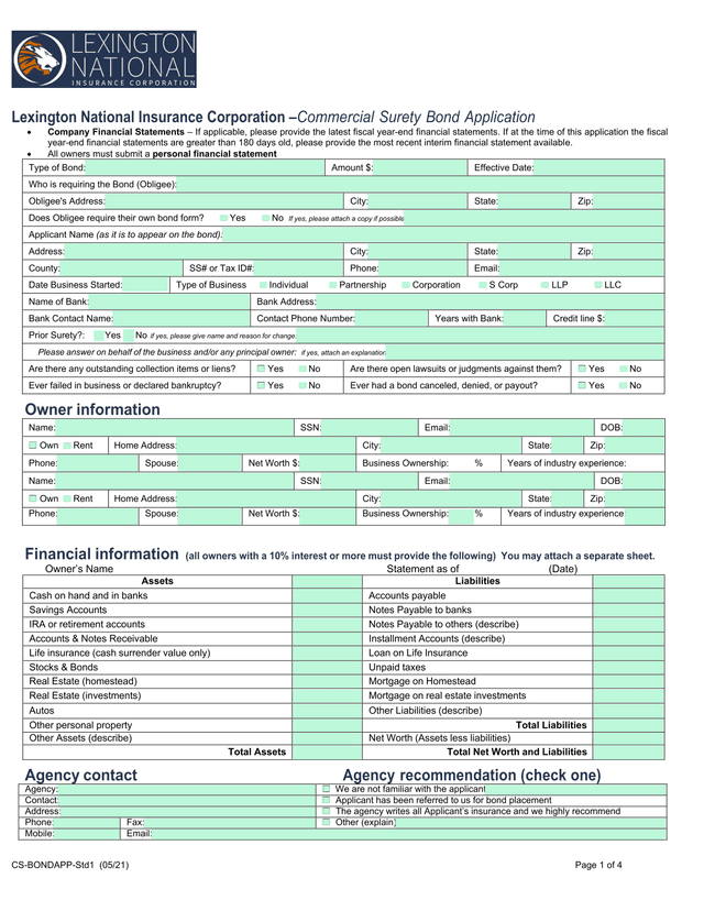Commercial Surety Bond Application screenshot