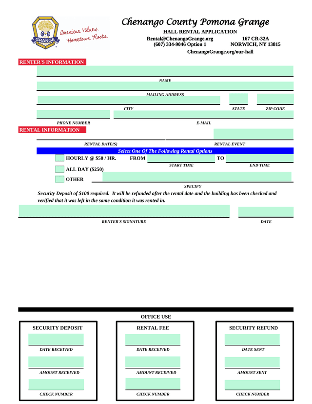 Chenango County Pomona Grange Hall Rental Application screenshot