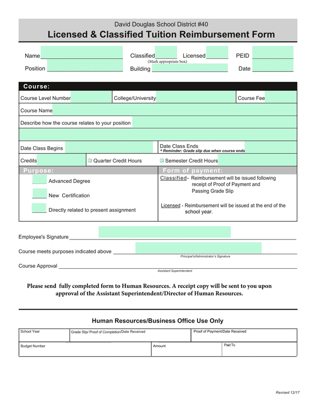 David Douglas School District 40 Licensed  Classified Tuition Reimbursement Form screenshot