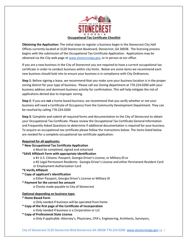 Occupational Tax Certificate Checklist screenshot