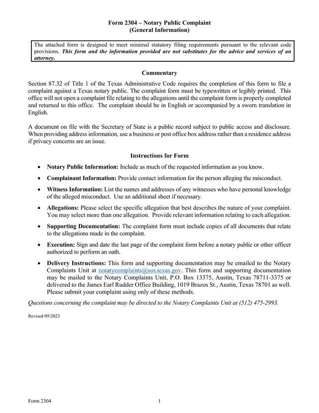 Form 2304  Notary Public Complaint screenshot