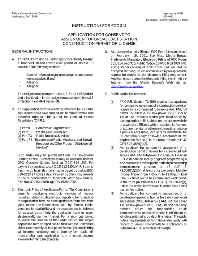 FCC 314 Application For Consent To Assignment Of Broadcast Station Construction Permit Or License screenshot