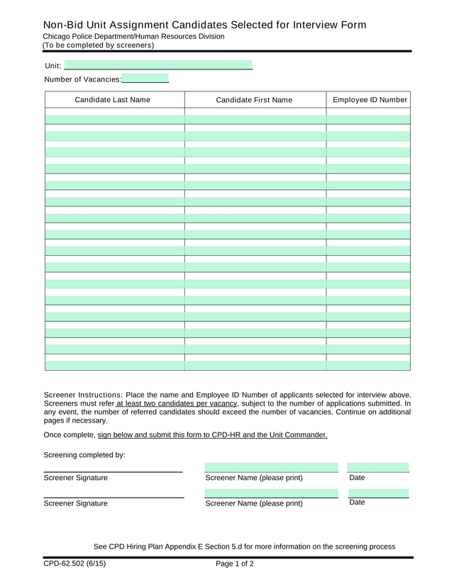Non Bid Unit Assignment Candidates Selected For Interview Form screenshot