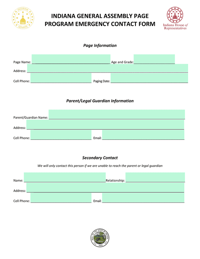 INDIANA GENERAL ASSEMBLY PAGE PROGRAM EMERGENCY CONTACT FORM screenshot