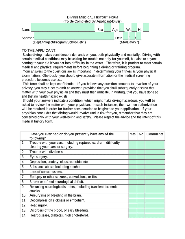 DIVING MEDICAL HISTORY FORM screenshot