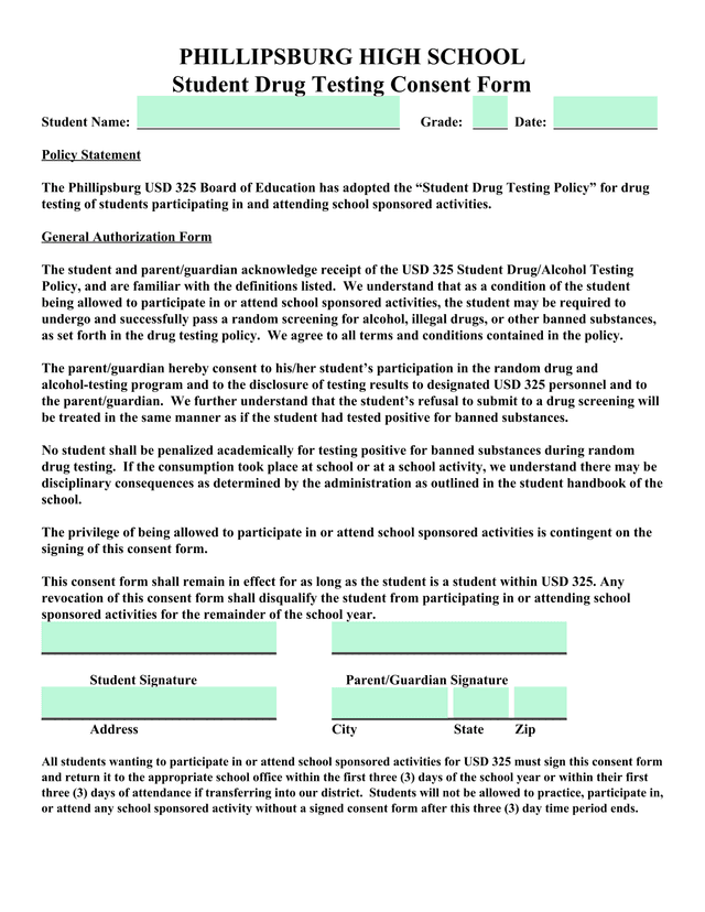 Student Drug Testing Consent Form screenshot