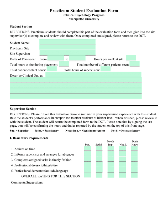 Practicum Student Evaluation Form screenshot