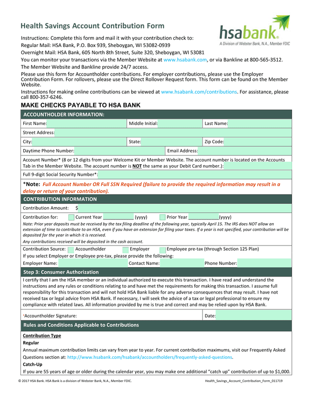 Health Savings Account Contribution Form screenshot