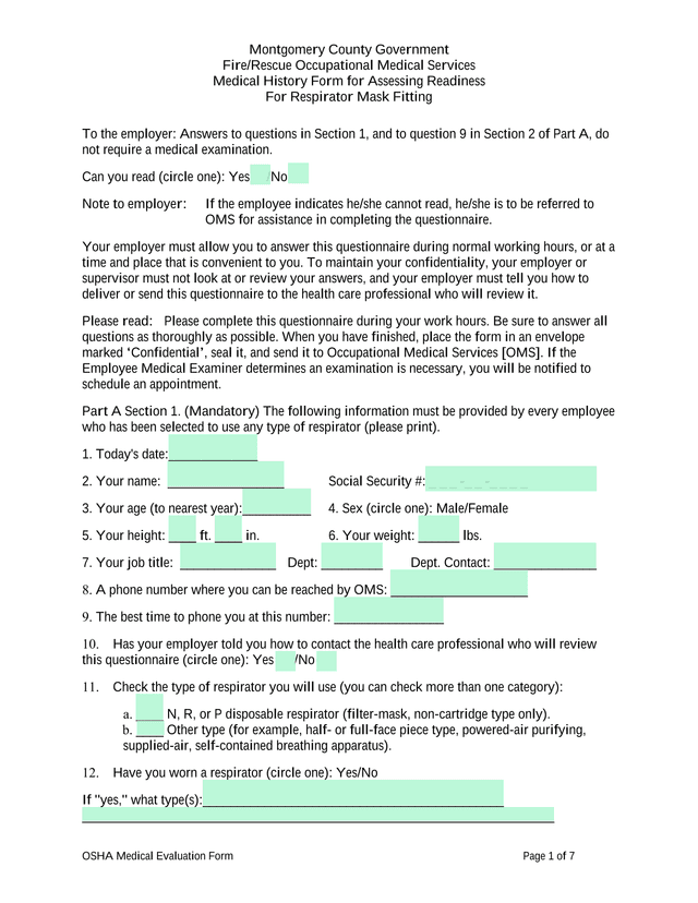 OSHA Medical Evaluation Form screenshot