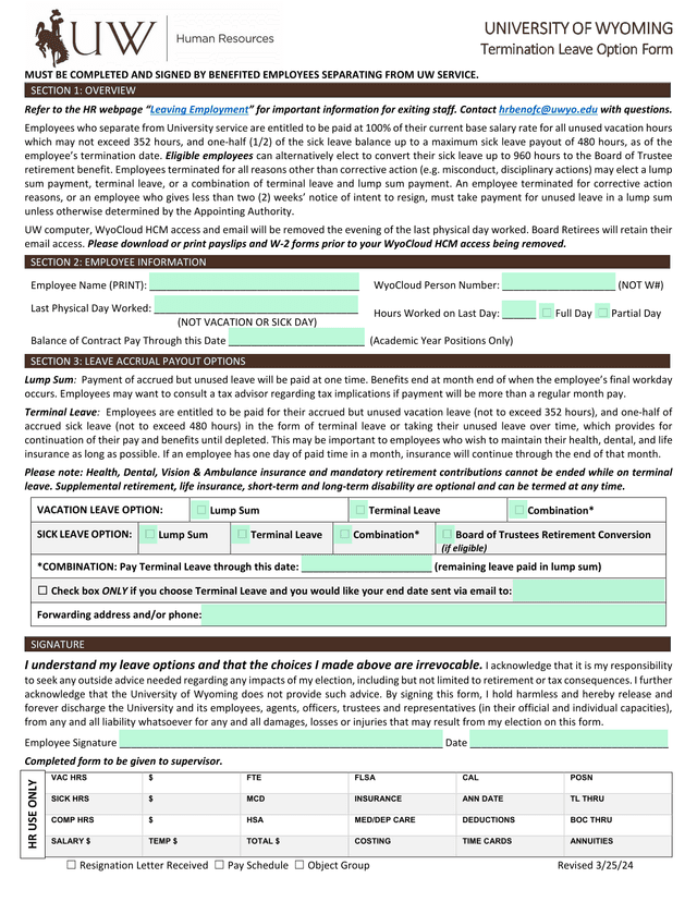 Termination Leave Option Form screenshot