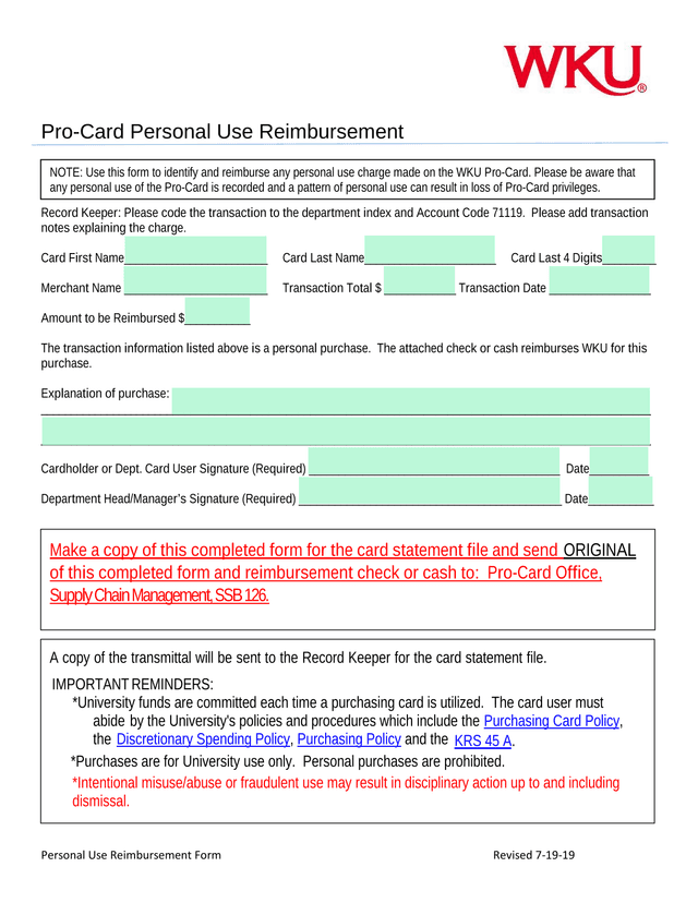 Personal Use Reimbursement Form screenshot