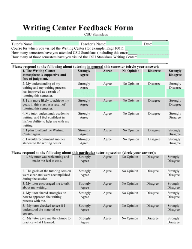 Writing Center Feedback Form screenshot