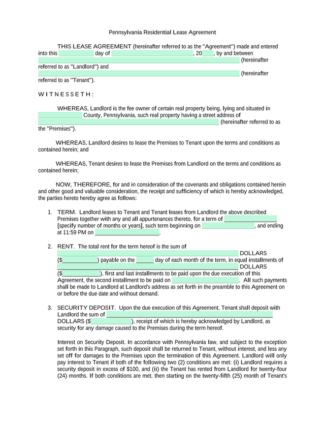 Pennsylvania Residential Lease Agreement screenshot