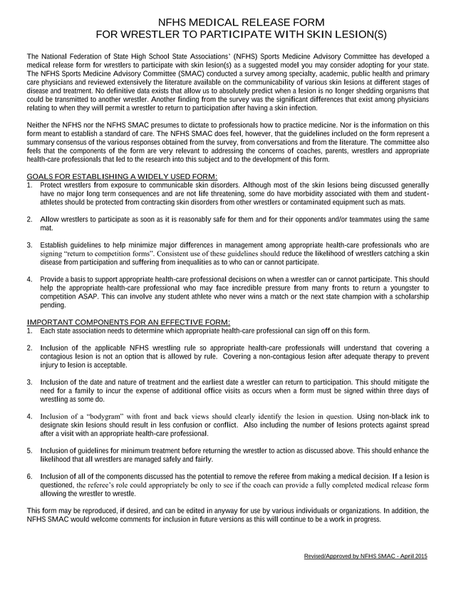 NFHS Medical Release Form For Wrestler To Participate With Skin Lesion(S) screenshot