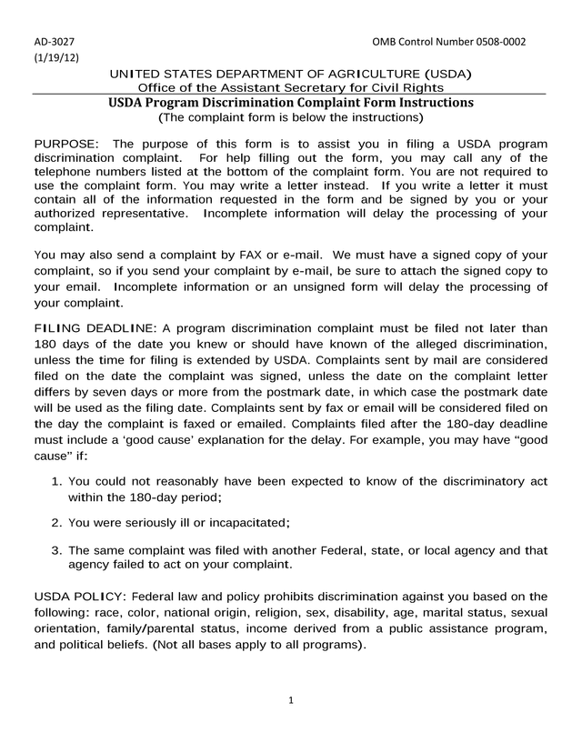 USDA Program Discrimination Complaint Form Instructions screenshot