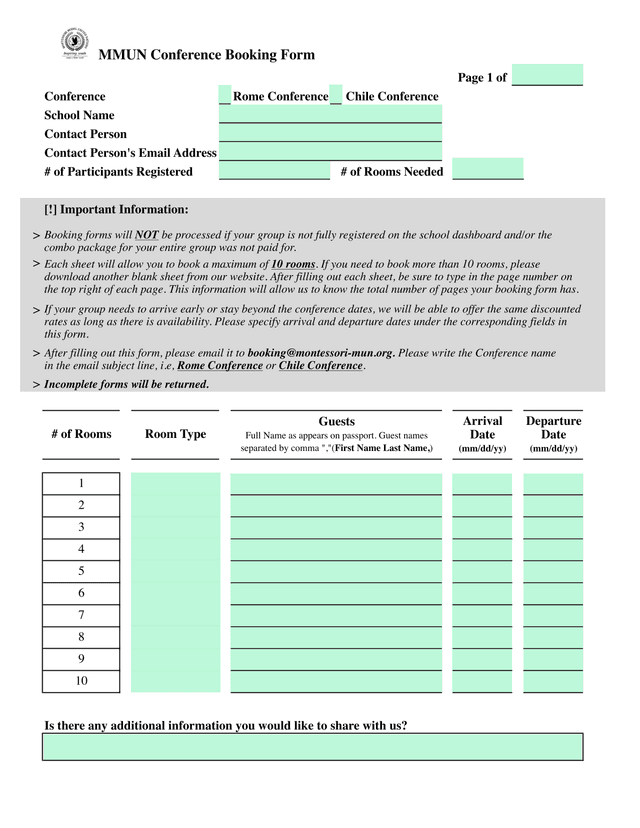 MMUN Conference Booking Form screenshot