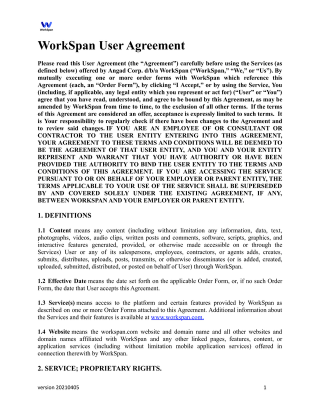 WorkSpan User Agreement screenshot