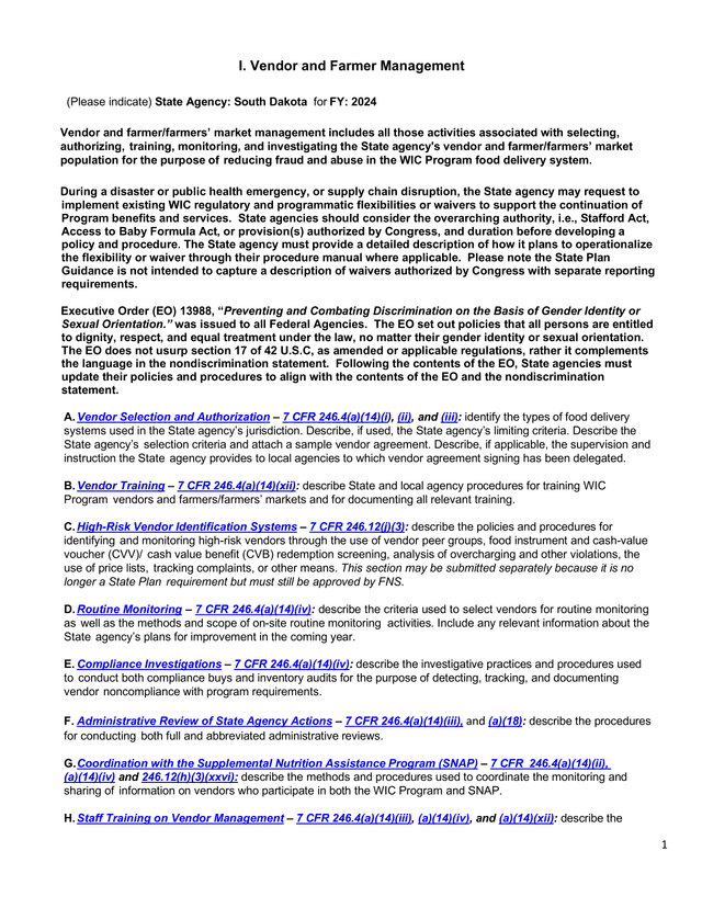 WIC Vendor And Farmer Management State Plan screenshot