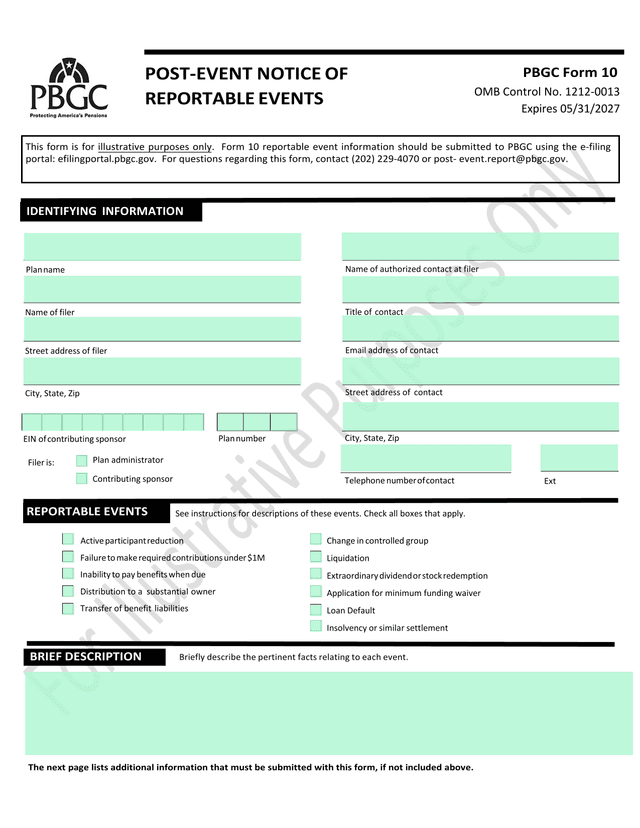 PBGC Form 10 Post Event Notice Of Reportable Events screenshot