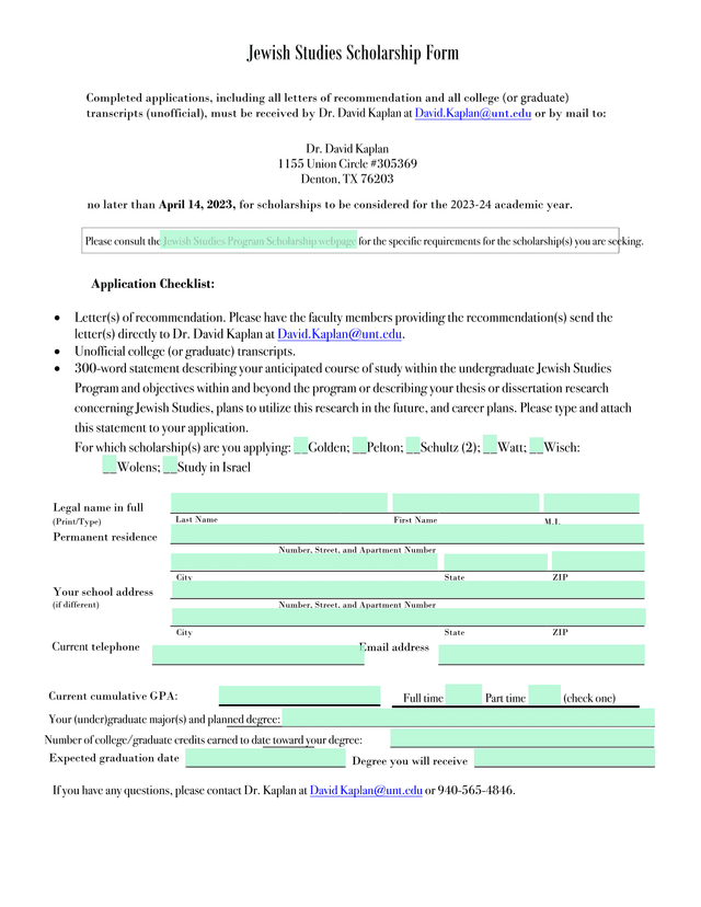 Jewish Studies Scholarship Form screenshot