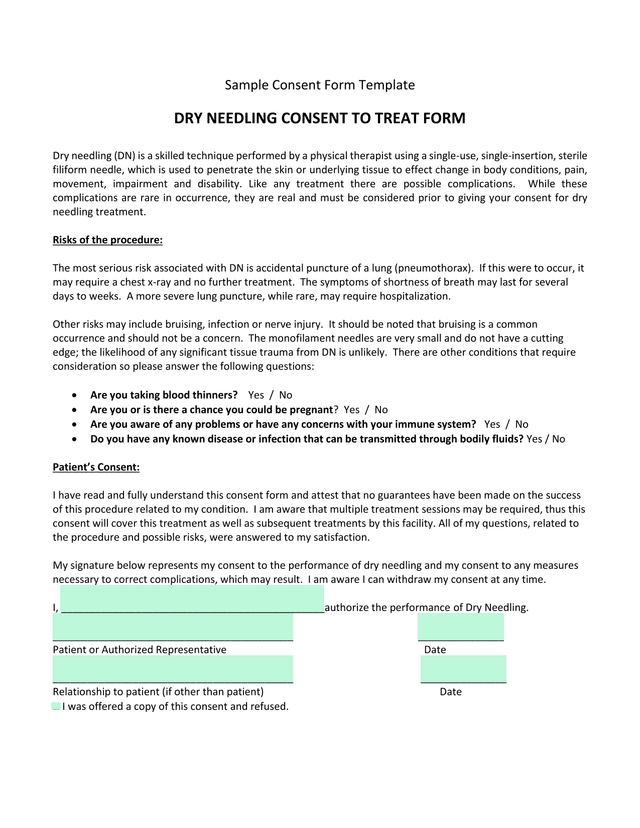 Dry Needling Consent To Treat Form screenshot