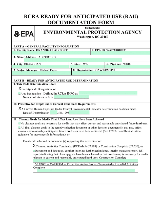 RCRA Ready For Anticipated Use (RAU) Documentation Form screenshot