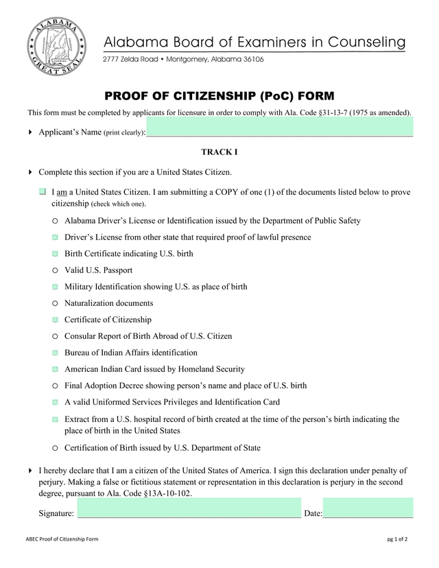 ABEC Proof Of Citizenship Form screenshot