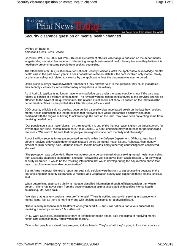 Standard Form 86, Questionnaire For National Security Positions screenshot