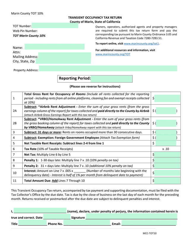 Marin County TOT 10 Transient Occupancy Tax Return screenshot