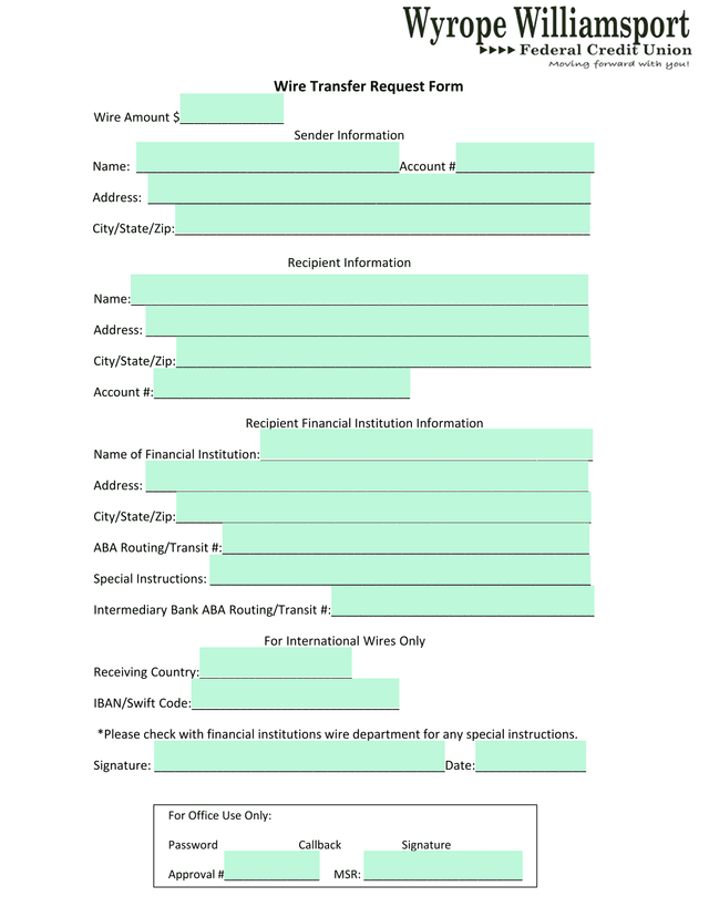 Wire Transfer Request Form screenshot