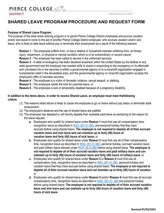 Shared Leave Program Procedure And Request Form screenshot