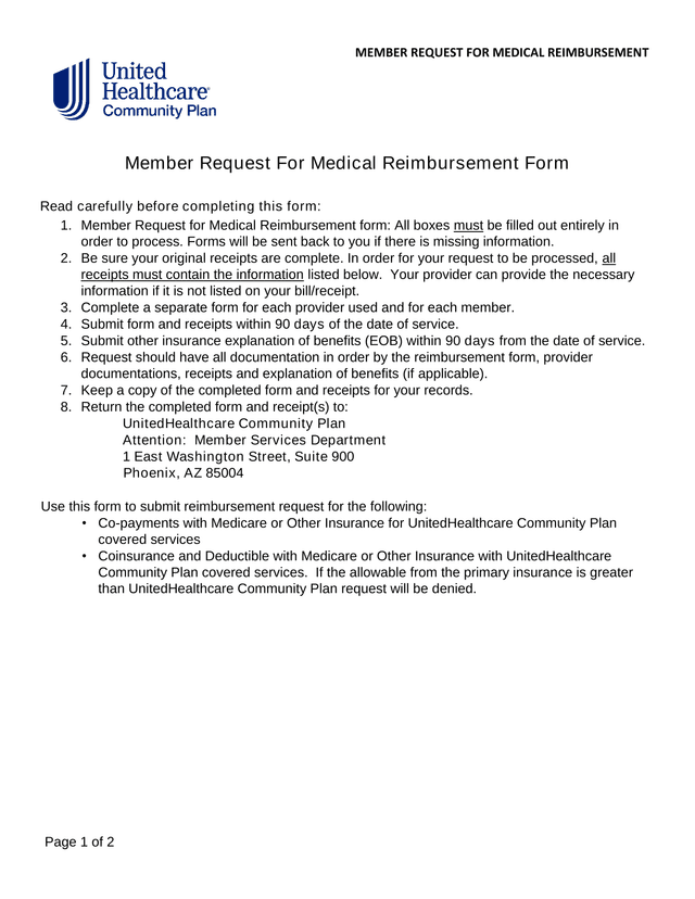 Member Request For Medical Reimbursement Form screenshot