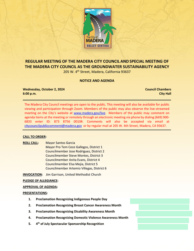 Madera City Council Agenda screenshot