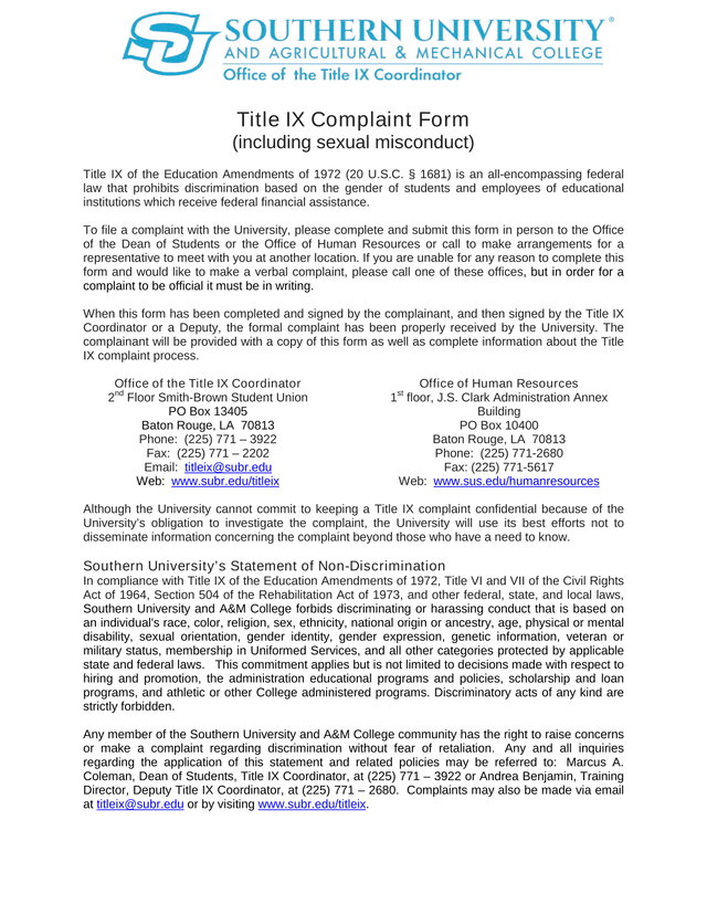 Title IX Complaint Form screenshot