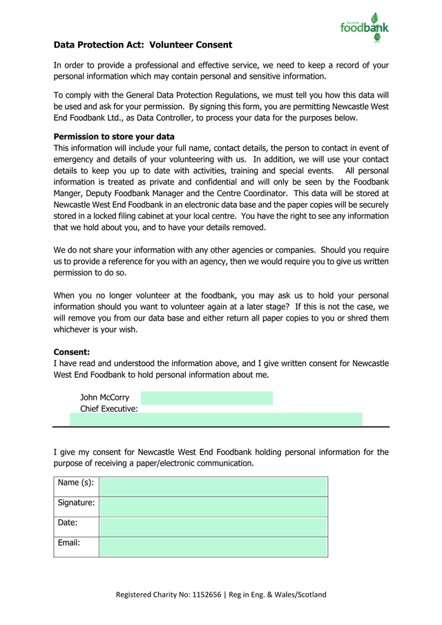 Data Protection Act Volunteer Consent screenshot