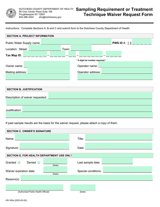 Sampling Requirement Or Treatment Technique Waiver Request Form screenshot