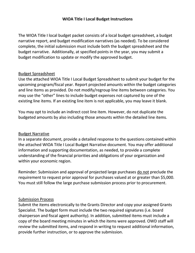 WIOA Title I Local Budget Instructions screenshot