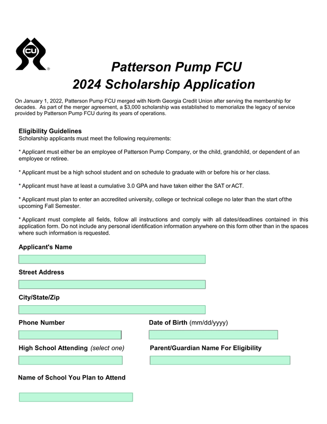 Patterson Pump FCU 2024 Scholarship Application screenshot