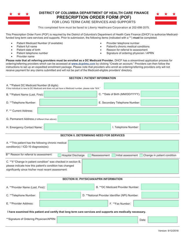 Prescription Order Form (POF) For Long Term Care Services And Supports screenshot