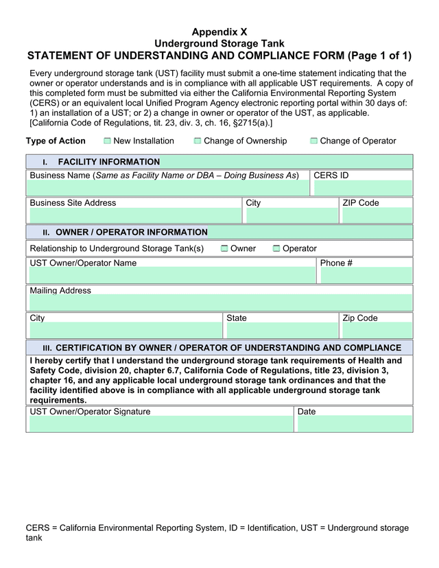 Underground Storage Tank Statement Of Understanding And Compliance Form screenshot