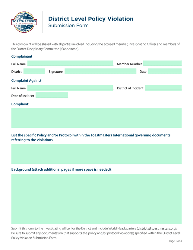 District Level Policy Violation Submission Form screenshot