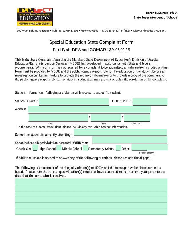 Special Education State Complaint Form screenshot