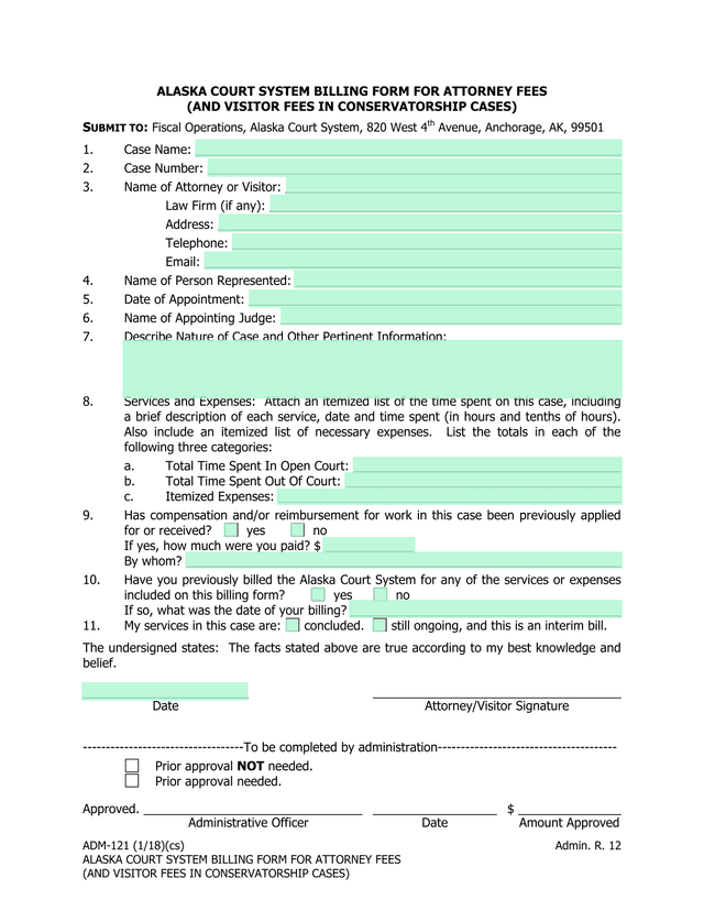 ADM 121 Alaska Court System Billing Form For Attorney Fees screenshot