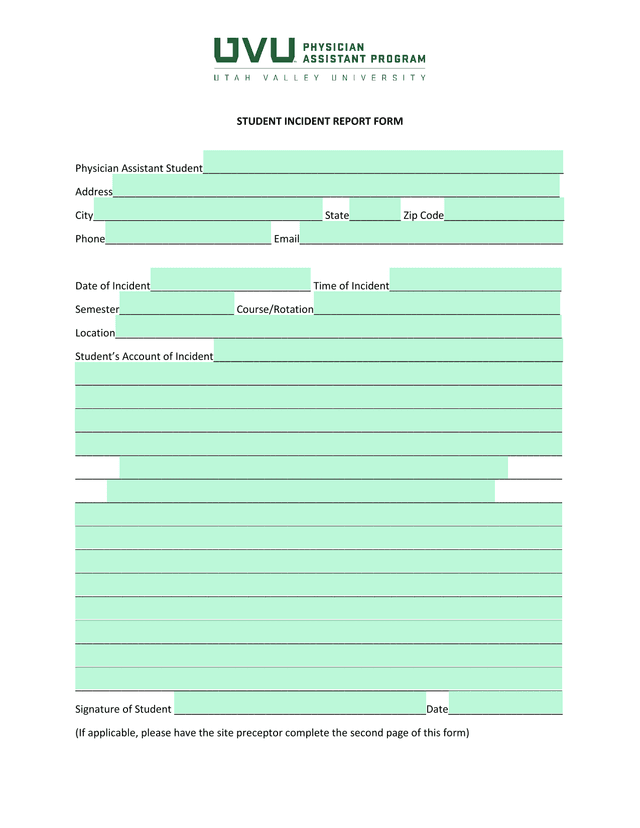 STUDENT INCIDENT REPORT FORM screenshot