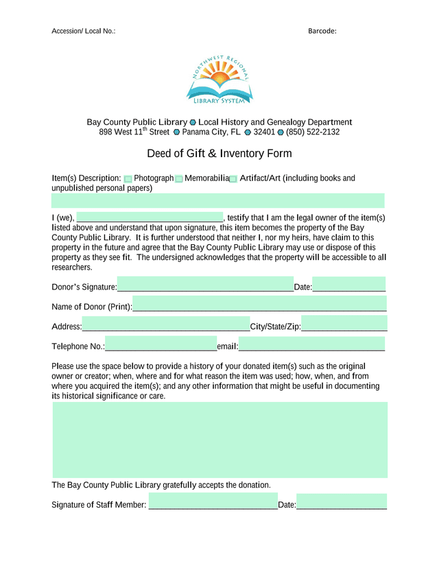 Deed Of Gift  Inventory Form screenshot