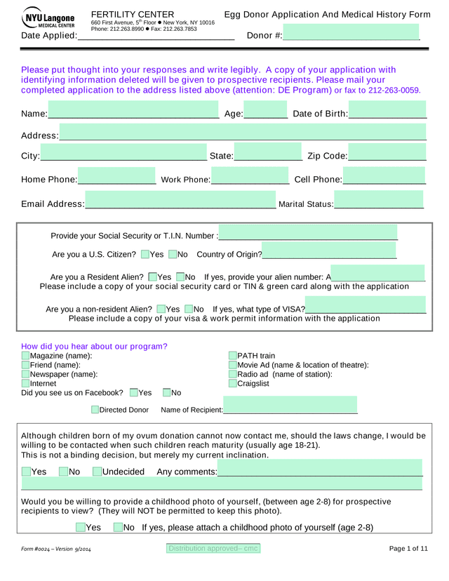 Egg Donor Application And Medical History Form screenshot