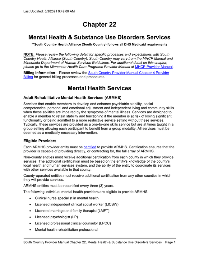 South Country Provider Manual Chapter 22, Mental Health  Substance Use Disorders Services screenshot