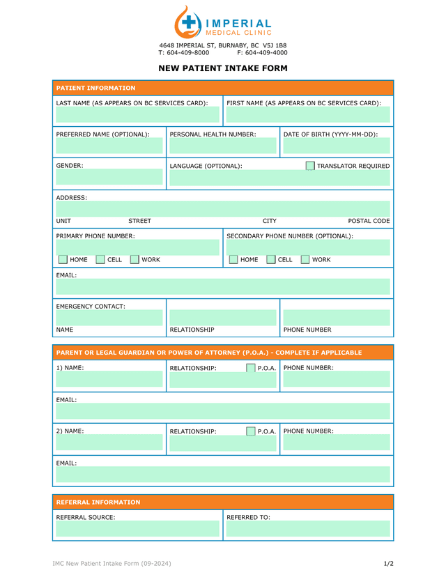 NEW PATIENT INTAKE FORM screenshot